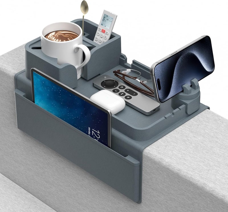 CLESOO Couch Arm Cup Holder Couch Arm Tray Anti-Slip Couch Cup Holder Silicone Sofa Armrest Tray Dual Side Pocket Couch Drink Holder Sofa Caddy Arm Remote Holder Snack Caddy with Phone Holder Blue - Image 1
